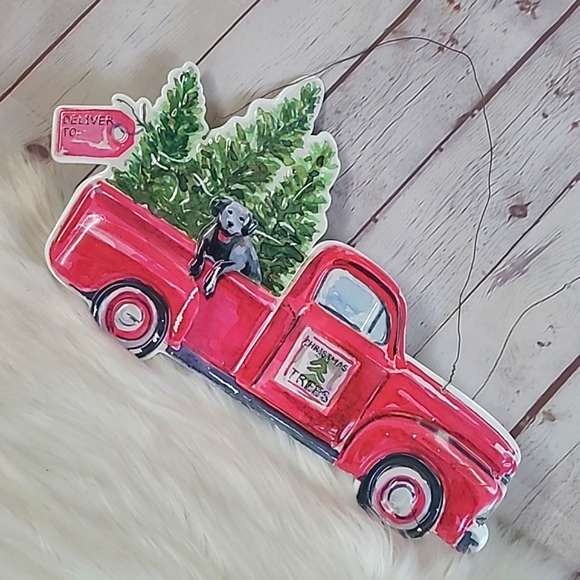 Hanging Metal Christmas Xmas Red Truck Black Lab Labrador Dog Pines Hanging Sign - Picture 2 of 15